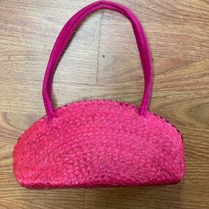 Pink Woven Raffia Straw Half Moon Bag